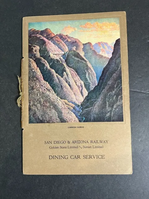 Vintage 1928 Dining Car Service Menu San Diego and Arizona Railway