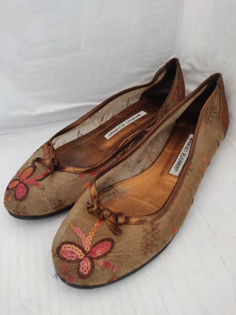 Manolo Blahnik Dark Gold Sequined Flat Shoes Sz 39