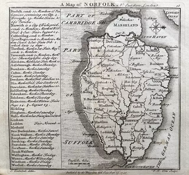 1742 Antique Map; Norfolk by W.H. Toms / T. Badeslade