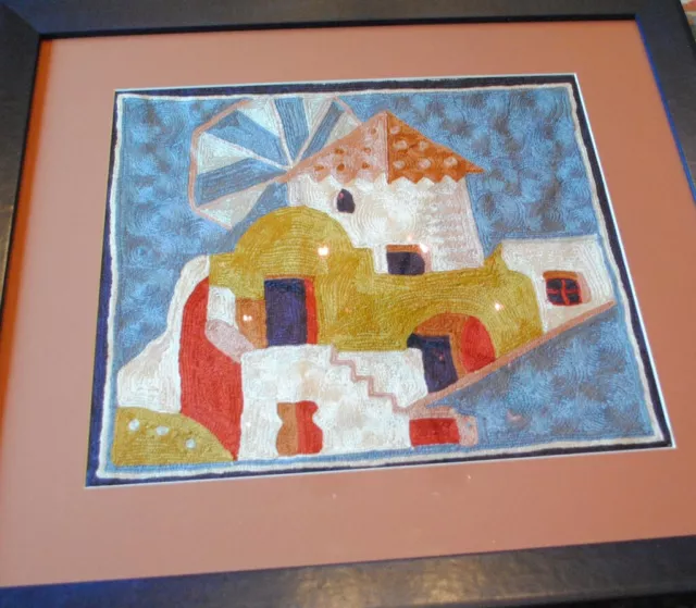 Vintage Middle Eastern Embroidery Village Scene Hand Made Silk Framed 15"X16"