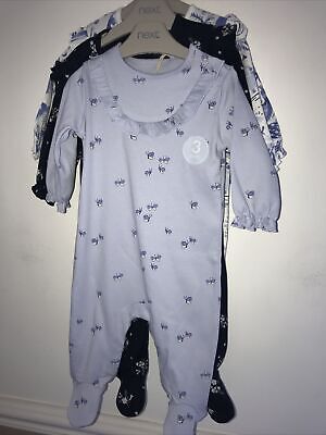 Next Set 3 ~ Up To 1 Month ~ 10 Lbs ~ Girls Cotton Sleepsuits ~ Blue & Cream