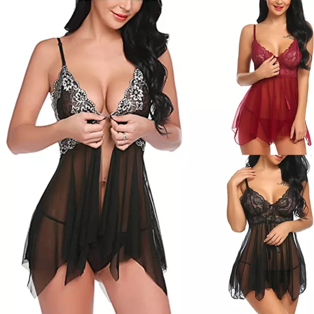 Lingerie Sexy Per Donna Babydoll In Pizzo Camicia Da Notte Intimo Perizoma ☆