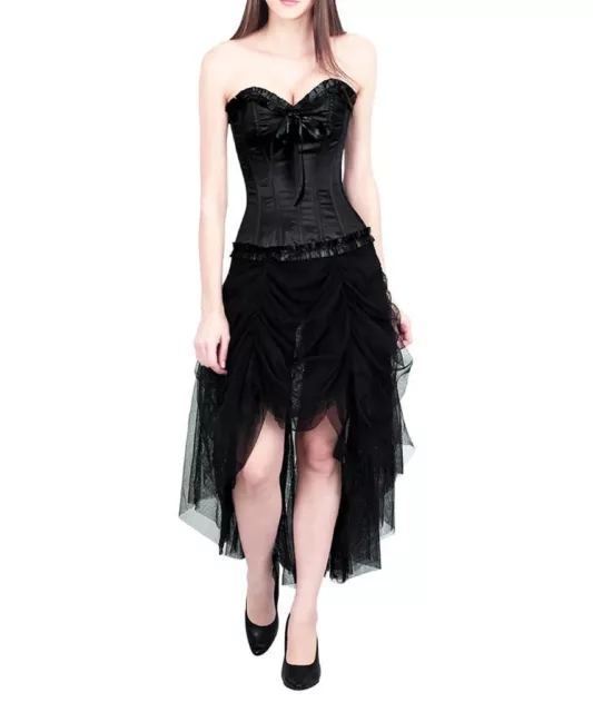 Robe corset satin noir élégante jupe en tulle et baleines métal élégant gothique