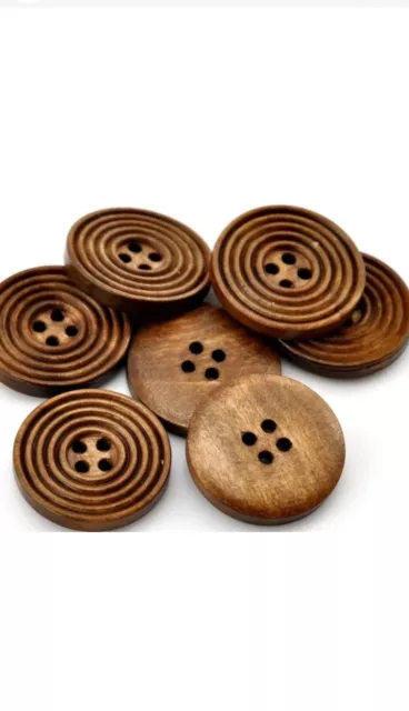 The Bead and Button Box - 6 Brown Wooden Buttons, 25mm 1 inch. Carved Circles