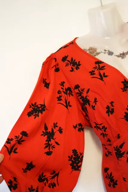 NEW LOOK red and black floral tea blouse with Victorian style button front 16