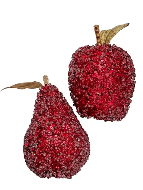 Pair of Red Sugared Beaded Fruit Apple & Pear Christmas Ornaments w/ Gold Leaves