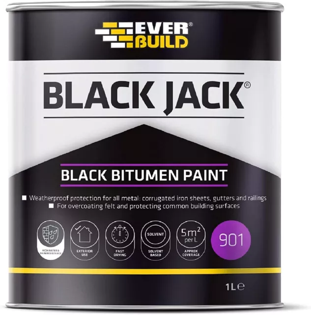 Everbuild 901 Black Bitumen Paint 1L Litre Black Jack Weatherproof Waterproof