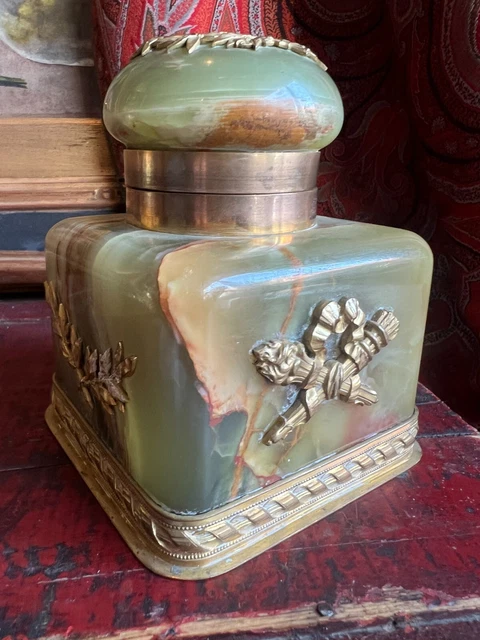 Encrier Bronze Doré & Onyx XIX EMe Antique Inkwel 19 th