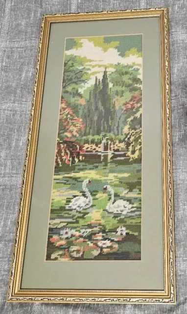 Vintage Framed Swans in Forest 23" x 11" Cross Stitch Needlepoint Tapestry