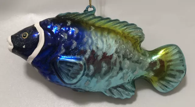 Glass Tropical Fish Christmas Ornament White Blue Green Glitter 5" Glitter