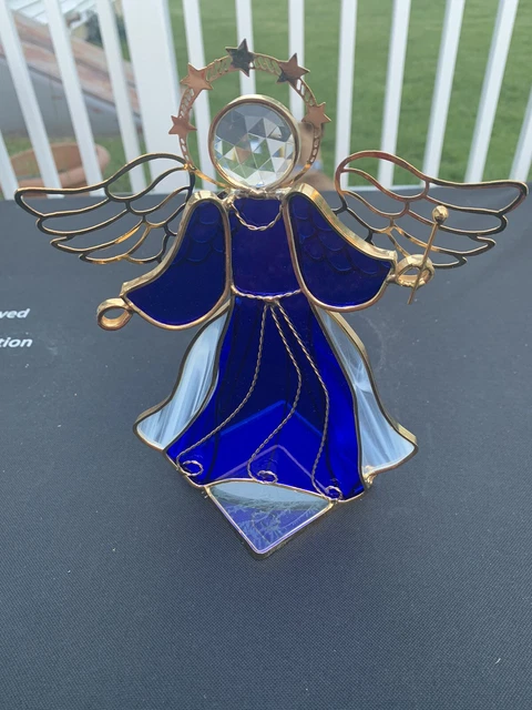 Vintage Stained Glass Angel Sun Catcher Blue Dress Figurine Tea Light Holder