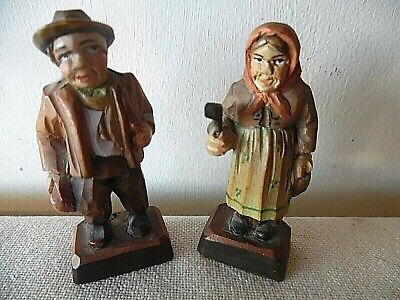 Hand Carved Wooden Miniature Old Man  & Old Woman Swiss Shoppers Swiss Made