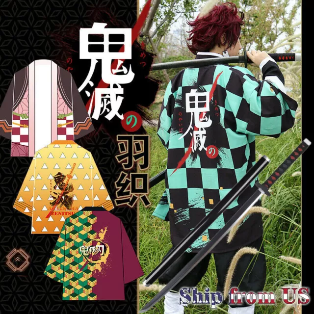 Mens Cosplay Costume Demon Slayer Kimetsu no Yaiba Coat Cloak Kimono Robe Yukata