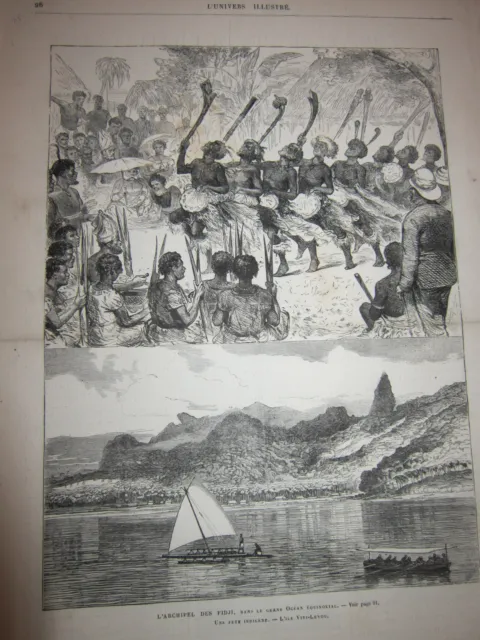 Gravure 1876 - L'Archipel des Fidji Ile Viti Levou Fête indigène