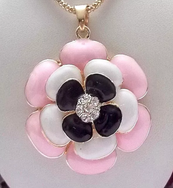 Betsey Johnson Beautiful Pink Enamel And Crystal Flower Pendant Chain  Necklace