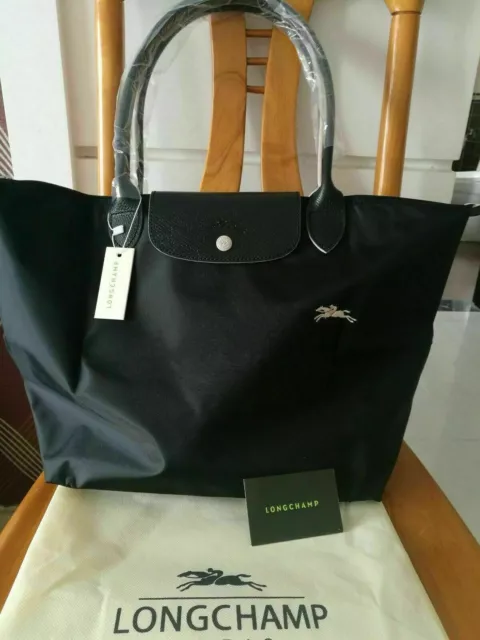 New Longchamp Le Pliage Tote Bag Nylon 1899 with Horse Embroidery Black Large L