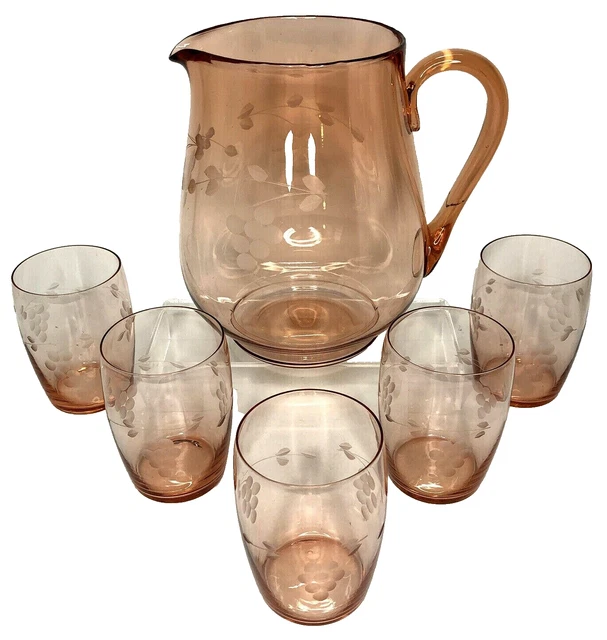 VINTAGE PINK ELEGANT Glass Lemonade Juice Set Pitcher Etched Grapes