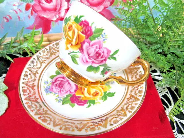 Taza de té y platillo REGENCY repollo rosa patrón taza de té Inglaterra década 1940 conjunto melocotón