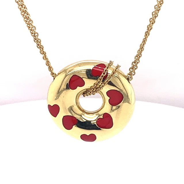 Jose Hess Estate 18K Yellow Gold Donut Shape Red Hearts Pendant with Chain Jose Hess Estate 18K Yellow Gold Donut Shape Red Hearts Pendant with Chain