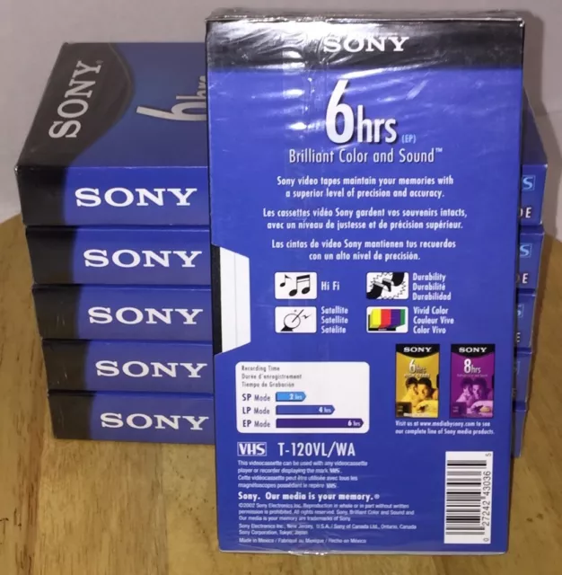 Lot de 6 bandes VHS Sony Standard Grade 6HR (EP) T-120VL/WA 246 m neuves et scellées 2