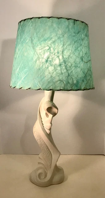 1950s Modernist Plaster Table Lamp & Vintage MCM Fiberglass Shade 27” H