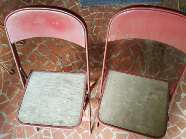 2 1940-1950 CLARIN Steel Folding Chairs w/ Wood Seats Depression Era Identical