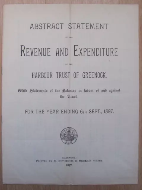 1897 Harbour trust of Greenock, accounts statement paperwork, revenue leaflet