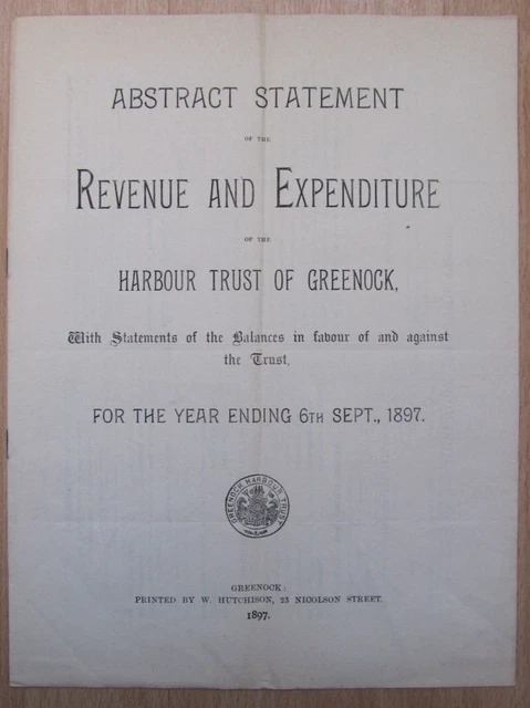 1897 Harbour trust of Greenock, accounts statement paperwork, revenue leaflet
