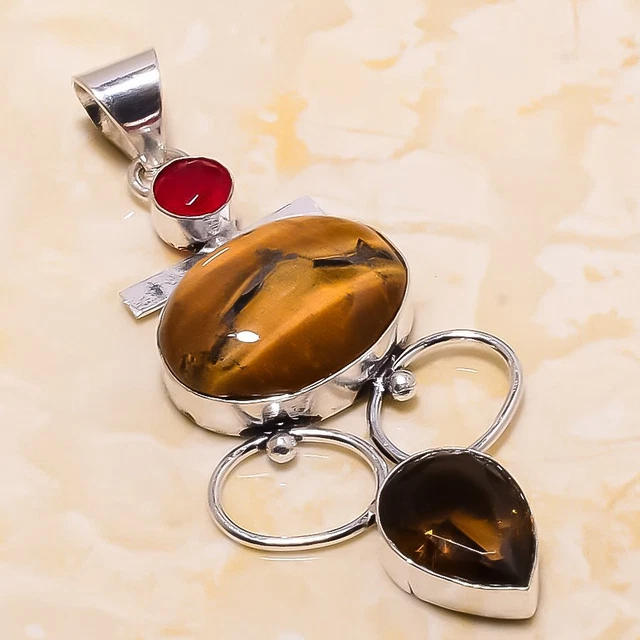 Tiger Eye, Topaz Gemstone Handmade Gift Jewelry Pendant 2.76" m383