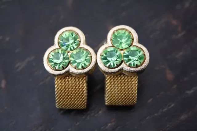Gold Tone Light Green Faceted Glass 3 Stone Prong Set Mesh Wrap Cufflinks GUC