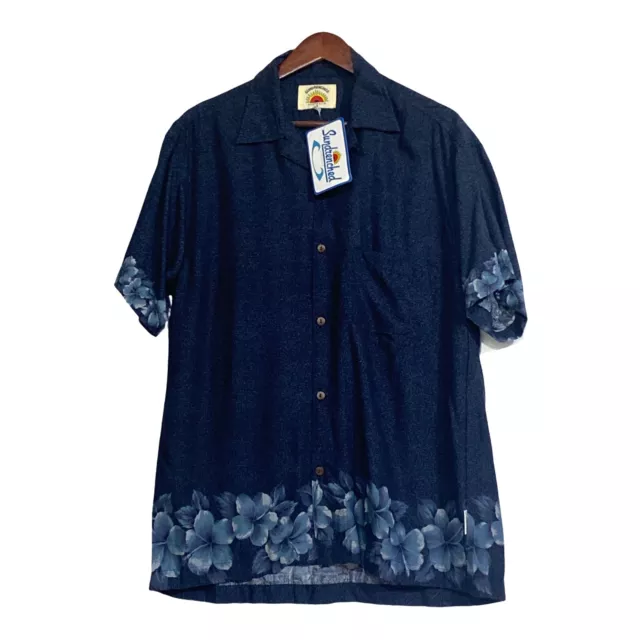 Sundrenched Australia Mens Size S  Blue Hibiscus Borders Hawaiian Shirt