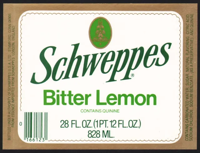 Vintage soda pop bottle label SCHWEPPES BITTER LEMON 28oz size Stamford CT nrmt+