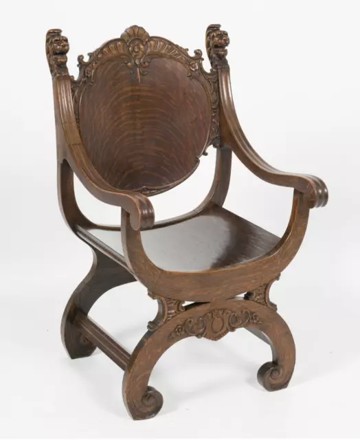 tiger oak lion head throne chair heavily carved late victorian roman chair clean