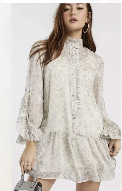 Mini Abito Smock Zara Asos H&M River Island Con Fronzoli Floreali Taglia 6 Nuovo Con Etichette Imballo Originale £46