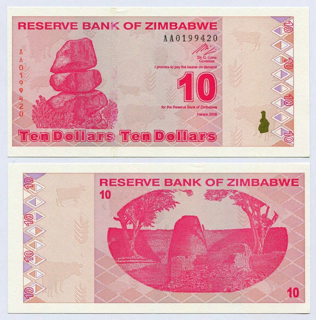 Zimbabwe 10 Dollars Banknote 2009 Uncirculated UNC Revised Trillion AA+ P-94