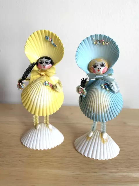 (2) Vintage 1950's MCM Souvenir Folk Art SEASHELL Girls LADIES Figurines Kitschy