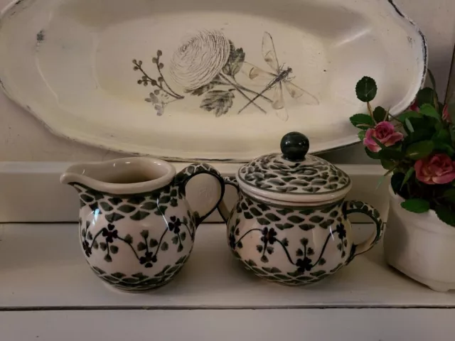 Polish Pottery Sugar and Creamer  HAND MADE IN POLAND.3R. Wolak Boleslawka
