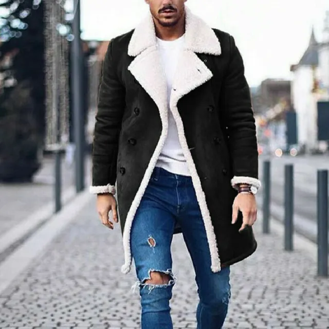 Mens Parka Fleece Fur Lined Lapel Collar Coat Winter Warm Jacket Fashion Outwear