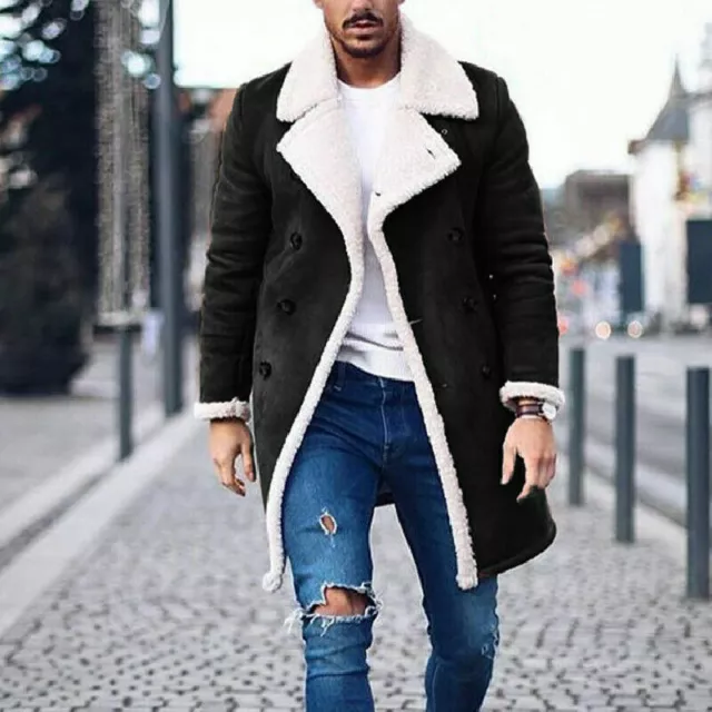 Mens Parka Fleece Fur Lined Lapel Collar Coat Winter Warm Jacket Fashion Outwear