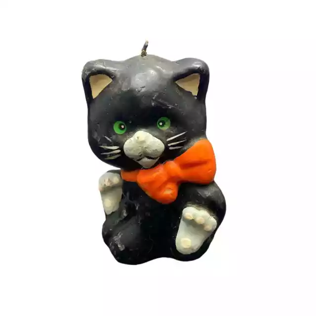 Vintage Halloween Candle Black Cat w/ Green Eyes Wax Candle Spooky Decor