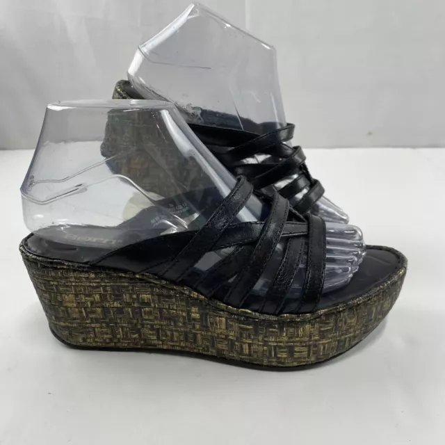 Born Womens 7 Black Gold Leather Platform Wedge Thong Sandals