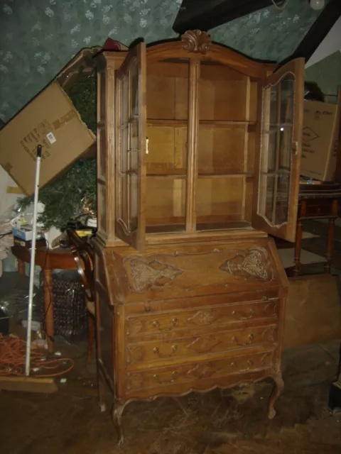 Ancien meuble bureau deux corps vitrine en chêne de style Louis 15