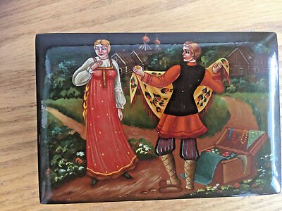 Vintage Russian Black Lacquer  Enamel Hand Painted Box  Peddler Tempts Maiden