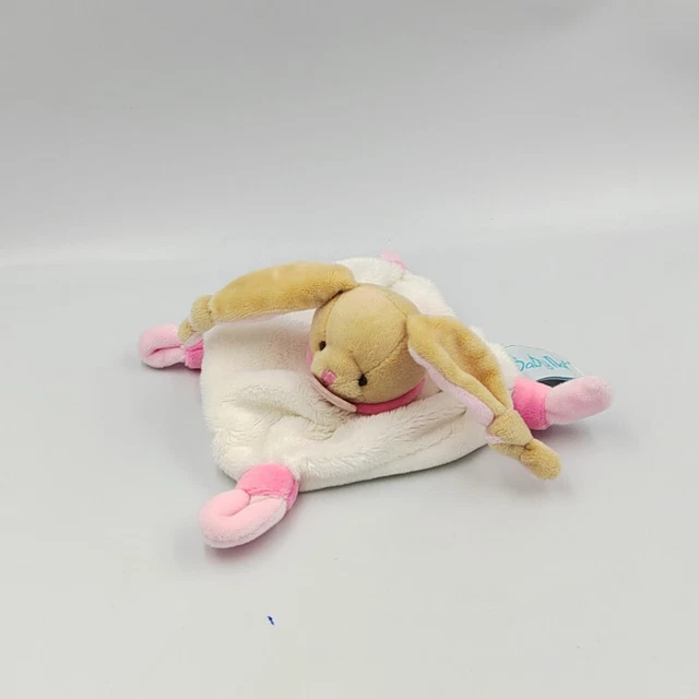 Doudou plat carré lapin blanc rose BABY NAT - 33011