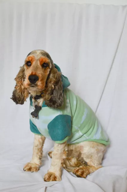 Tie Dye Dog Hoodie Size M Green Two Tone Cocker Spaniel Upcycled Dog Clothing