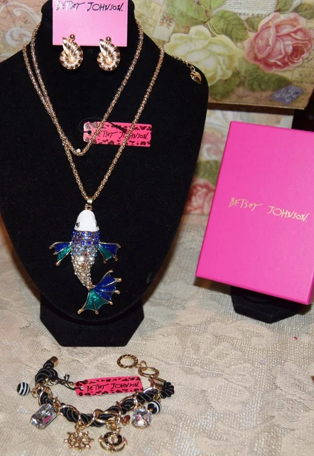 3 Pc Betsey Johnson Blue /Crystal Fish Necklace Starfish Earrings Charm Brac