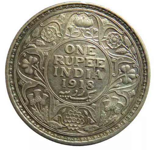 1918 King George V India Silver One Rupee Coin