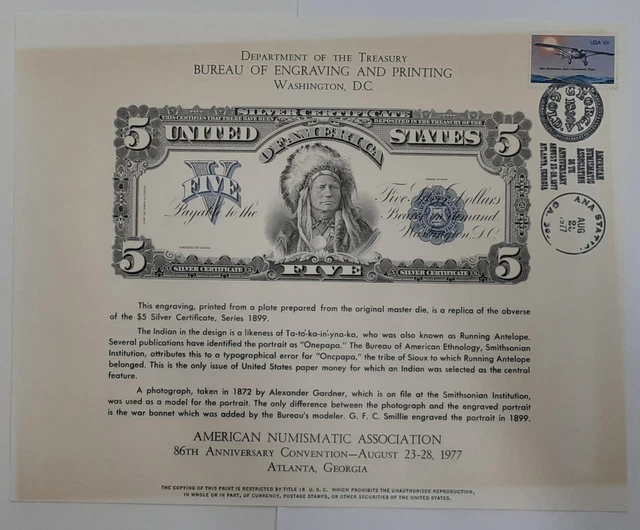 BEP Souvenir Card 1977 ANA Print of 1899 $5 Silver Cert "Chief" (B 41) Cancel