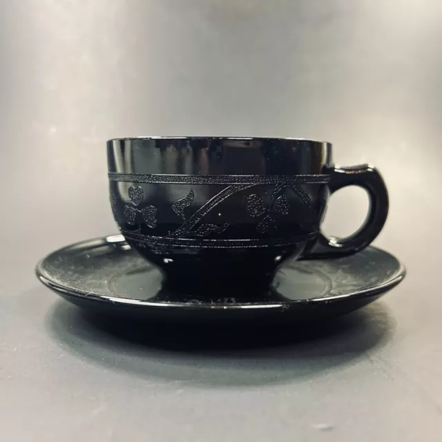 Hazel Atlas Black Depression Glass Cup & Saucer Shamrock Cloverleaf 1930's