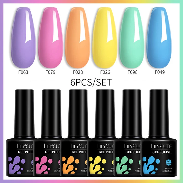 LILYCUTE 6 Bottles Set Pure Pink Yellow Green Long Lasting UV Gel Nail Polishes